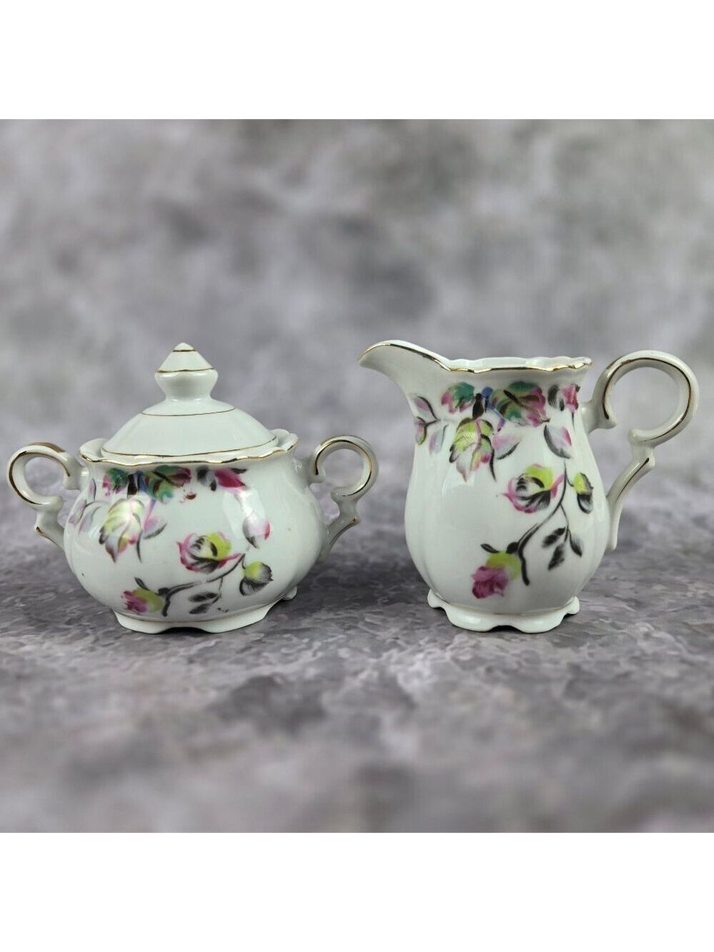 Vintage Porcelain Floral Sugar Bowl And Creamer White Gold Accents Made in Japan